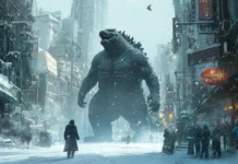 A blizzard wraps around Godzilla walking through a frozen metropolis.