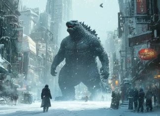 A blizzard wraps around Godzilla walking through a frozen metropolis.