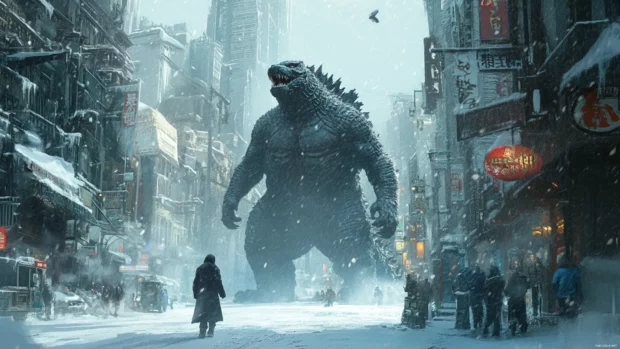 A blizzard wraps around Godzilla walking through a frozen metropolis.