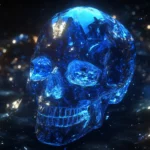 A blue crystal skull with light refracting through it, creating prism effects and surrounded by shimmering particles, set in a dark cosmic background.