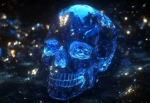 A blue crystal skull with light refracting through it, creating prism effects and surrounded by shimmering particles, set in a dark cosmic background.