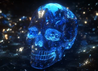 A blue crystal skull with light refracting through it, creating prism effects and surrounded by shimmering particles, set in a dark cosmic background.