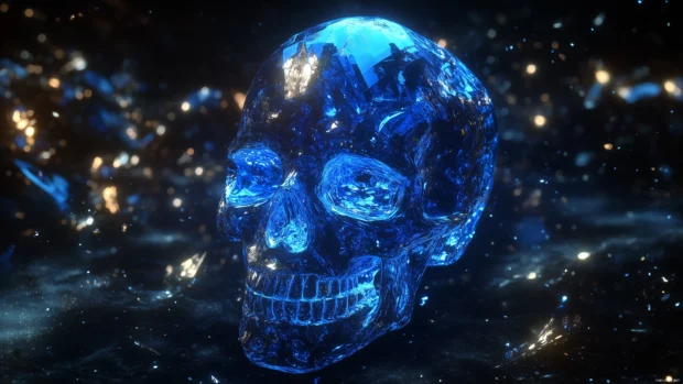 A blue crystal skull with light refracting through it, creating prism effects and surrounded by shimmering particles, set in a dark cosmic background.