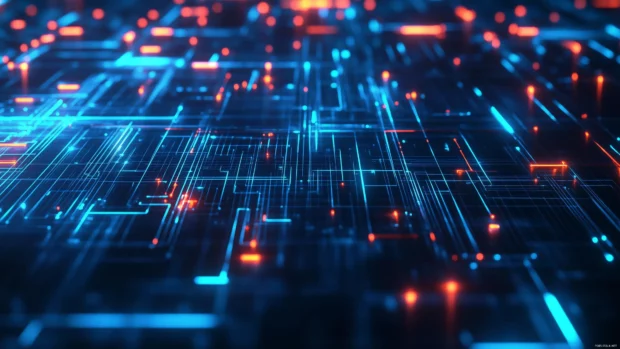 A blue grid background with neon glowing lines, in the style of 980s aesthetics, Retro style.
