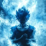 A blue hue surrounds Goku as he breathes deeply, focusing all his energy before battle.