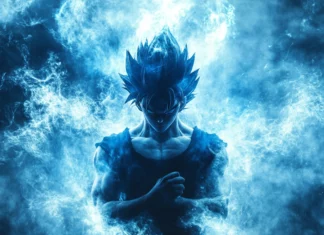 A blue hue surrounds Goku as he breathes deeply, focusing all his energy before battle.