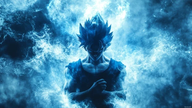 A blue hue surrounds Goku as he breathes deeply, focusing all his energy before battle.