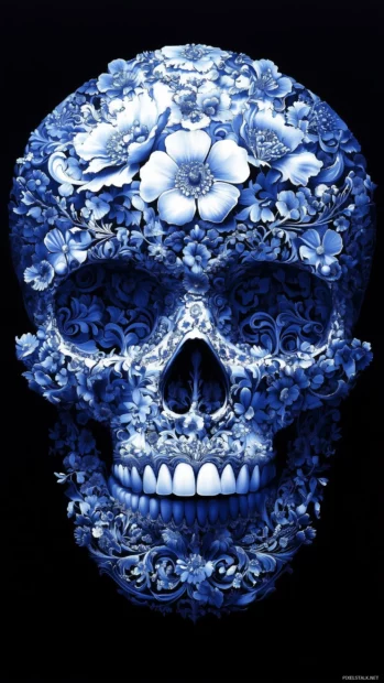 A blue skull adorned with intricate floral patterns in lighter shades of blue, set against a black background for contrast.