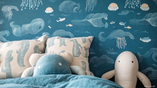 A blue wallpaper with gentle waves and cute sea animals like whales, jellyfish, and fish, giving an underwater scene that ideal for a calming kids space.