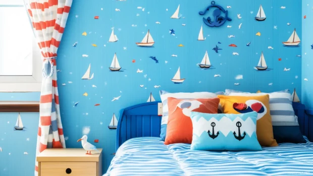 A blue wallpaper with little sailboats, anchors, and seagulls, perfect for a nautical themed kids room.