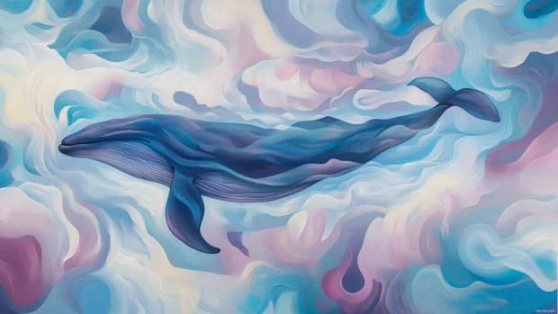 A blue whale swimming through clouds and brush tag swirls.