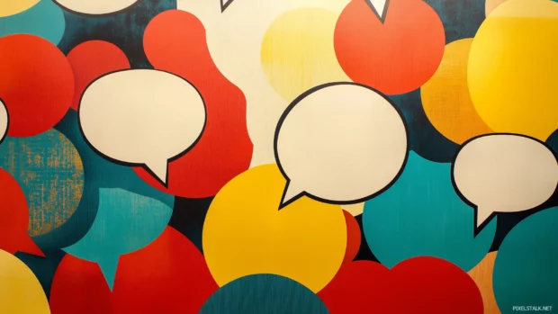 A bold retro pop art wallpaper featuring comic style speech bubbles with iconic phrases, vibrant red, yellow, and blue tones, and halftone textures.