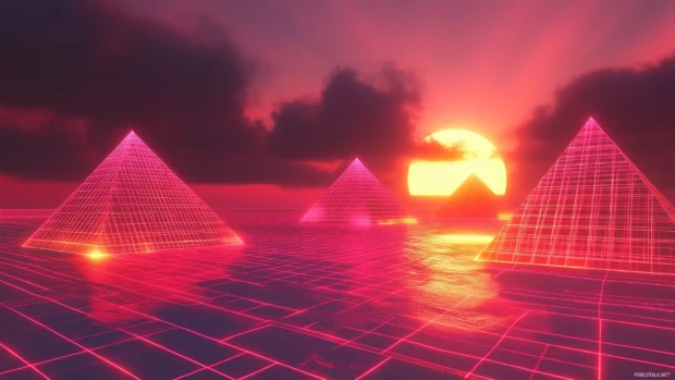 A bold retrowave grid landscape with glowing pyramids, a vibrant pink and orange sun, and dramatic dark clouds in the background, Retro style.