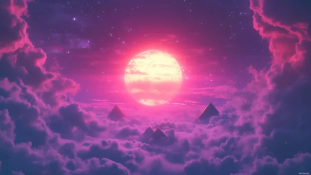 A bold retrowave grid landscape with glowing pyramids, a vibrant pink and orange sun, and dramatic dark clouds in the background, Retro style.