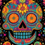 A bold sugar skull featuring intricate patterns in neon colors, set against a black background with a slight glow effect.