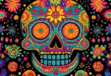 A bold sugar skull featuring intricate patterns in neon colors, set against a black background with a slight glow effect.