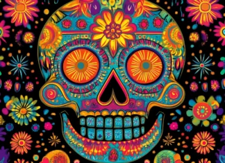 A bold sugar skull featuring intricate patterns in neon colors, set against a black background with a slight glow effect.