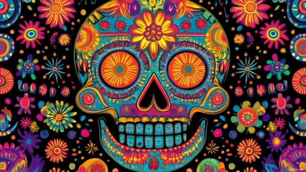 A bold sugar skull featuring intricate patterns in neon colors, set against a black background with a slight glow effect.