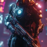 A bounty hunter in glowing armor beneath neon lights, immersive for phone wallpaper.