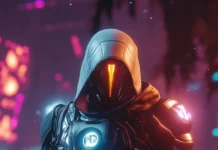 A bounty hunter in glowing armor beneath neon lights, immersive for phone wallpaper.