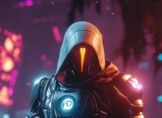 A bounty hunter in glowing armor beneath neon lights, immersive for phone wallpaper.
