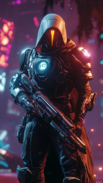 A bounty hunter in glowing armor beneath neon lights, immersive for phone wallpaper.