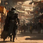 A bounty hunter walking through a digital bazaar, one of the trending cyberpunk desktop wallpapers images.