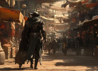 A bounty hunter walking through a digital bazaar, one of the trending cyberpunk desktop wallpapers images.