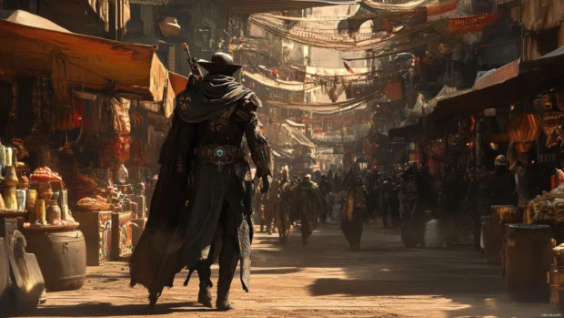 A bounty hunter walking through a digital bazaar, one of the trending cyberpunk desktop wallpapers images.