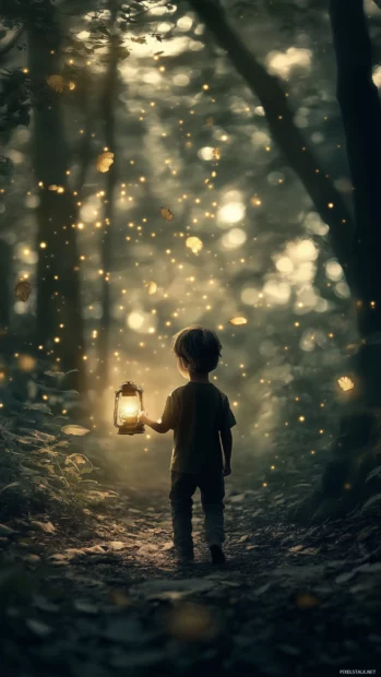 A boy exploring a magical forest, holding a lantern that casts a warm glow on the surrounding trees and foliage .