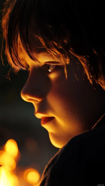 A boy face illuminated by the warm light of a campfire, shadows dancing across his youthful features.