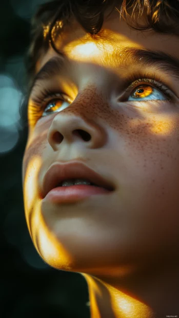 A boy face with deep brown eyes looking up in wonder, soft light reflecting off his curious gaze.
