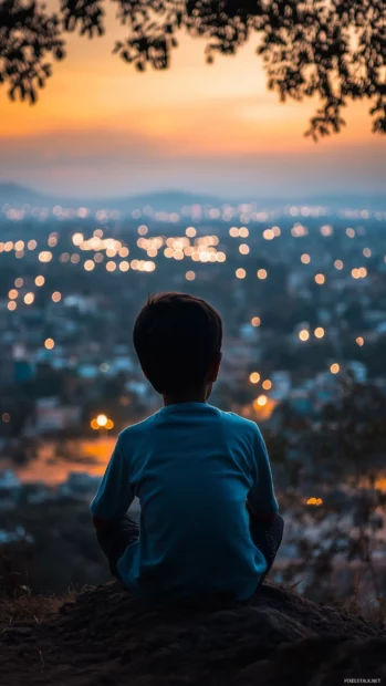 A boy sitting at the top of a hill, gazing at a vast cityscape illuminated by twinkling lights at dusk.