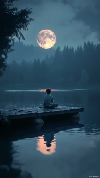 A boy sitting on a wooden dock, feet dangling over the water, as the reflection of the moon shimmers in the lake.