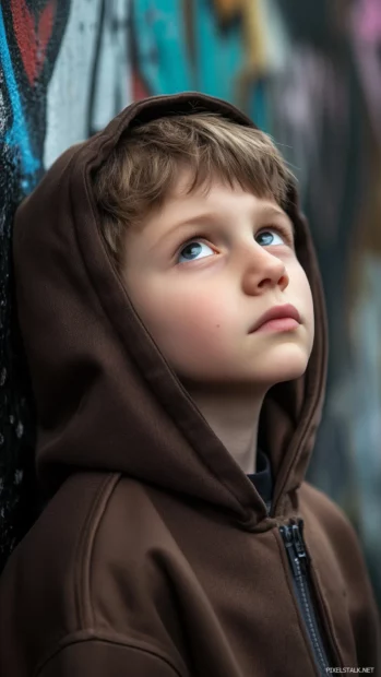 A boy wearing a hoodie, leaning against a graffiti covered wall with a thoughtful expression, in urban street style.