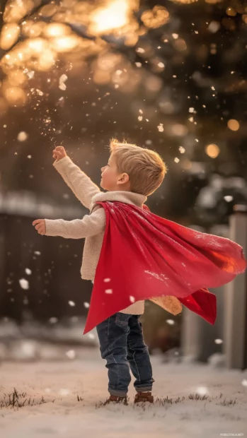 A boy wearing a superhero cape, standing proudly in a backyard as the wind blows through the fabric.