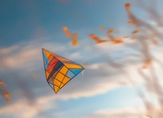 A boy with a playful smile, running through a field of tall grass with a colorful kite soaring in the sky.