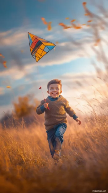 A boy with a playful smile, running through a field of tall grass with a colorful kite soaring in the sky.