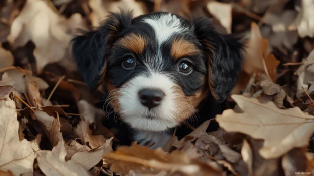 A brave little puppy peeks out from a pile of crunchy leaves.
