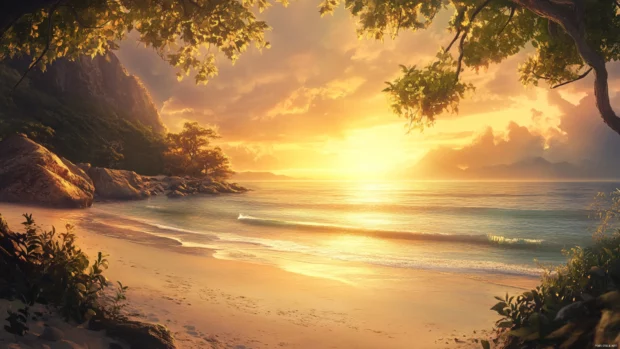 A breathtaking beach scene with golden sunlight and the summer computer wallpaper softly blended into the background.