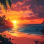 A breathtaking summer sunset beach scene, vivid tropical tones, perfect for summer desktop 4K wallpaper, ocean view, serene atmosphere.