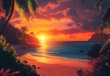 A breathtaking summer sunset beach scene, vivid tropical tones, perfect for summer desktop 4K wallpaper, ocean view, serene atmosphere.