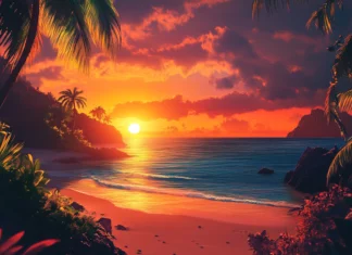 A breathtaking summer sunset beach scene, vivid tropical tones, perfect for summer desktop 4K wallpaper, ocean view, serene atmosphere.
