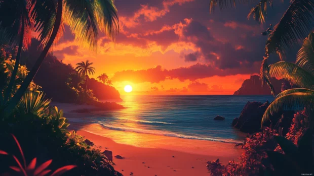 A breathtaking summer sunset beach scene, vivid tropical tones, perfect for summer desktop 4K wallpaper, ocean view, serene atmosphere.