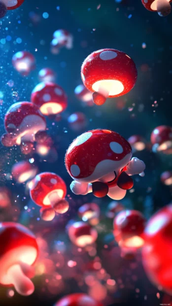 A bright Super Mario iPhone Wallpaper with power up mushrooms bouncing around Mario.