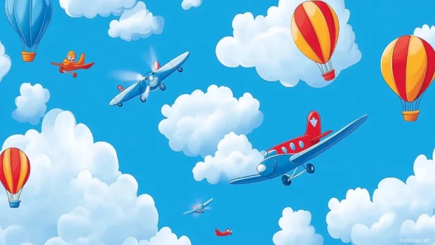 A bright blue wallpaper with smiling airplanes, hot air balloons, and fluffy clouds, perfect for a playful aviation inspired theme for kids.