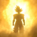 A bright light shines from behind Goku, illuminating his silhouette in golden glow.