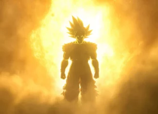 A bright light shines from behind Goku, illuminating his silhouette in golden glow.