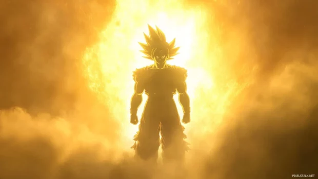 A bright light shines from behind Goku, illuminating his silhouette in golden glow.