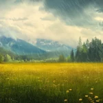 A bright meadow glistens after a summer rainstorm.
